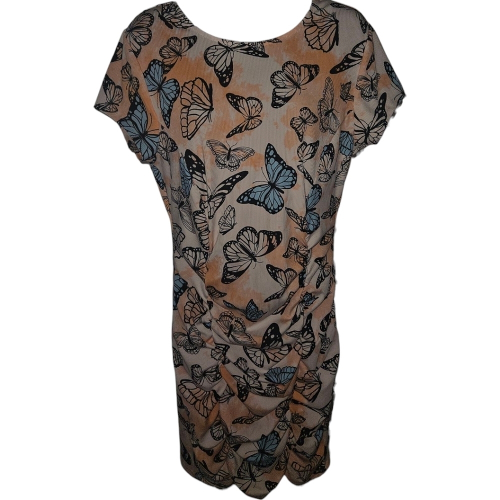 NWT Planet Gold Butterfly Scrunched Ruffle Short Sleeve Bodycon Dress